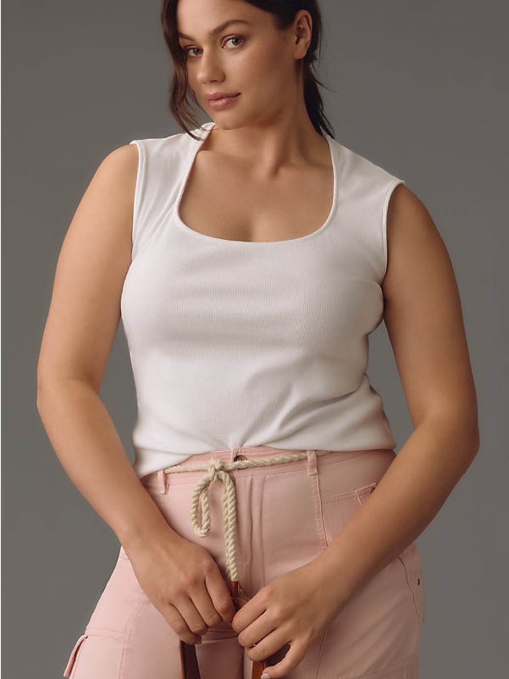Mauve Anthropologie Square Neck Ribbed White Tank Large